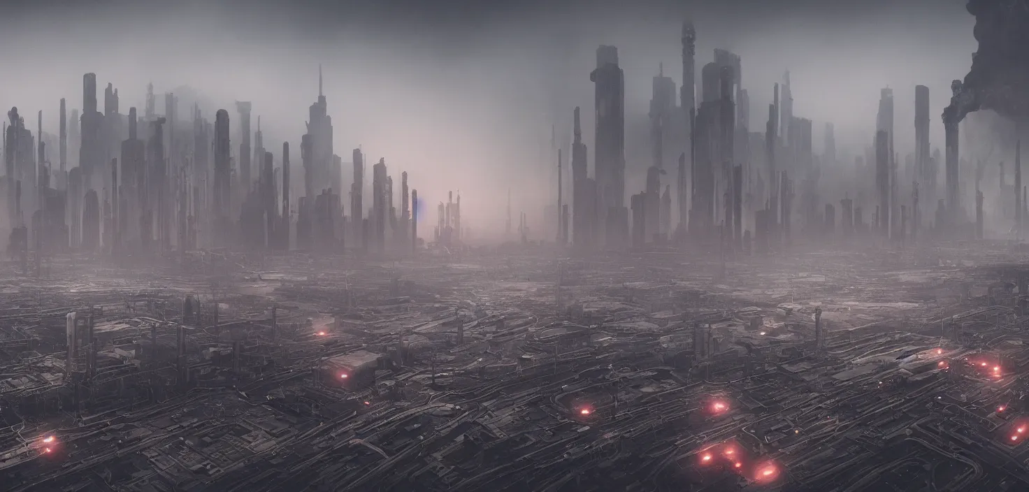 Image similar to city polluted industrial alien landscape, smoke, soot, cinematic, detailed, epic, widescreen, opening, establishing, mattepainting, photorealistic, realistic textures, octane render, hr giger and vincent di fate, vivid color scheme, featured in artstation, octane render, cinematic, elegant, intricate, 8 k