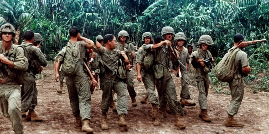 Image similar to u. s. marines move through a landing zone 1 9 6 9, vietnam war, soldiers closeup, face closeup, us flag, jungles in the background, coloured film photography, exposed colour film, ken burns photography lynn novick photography