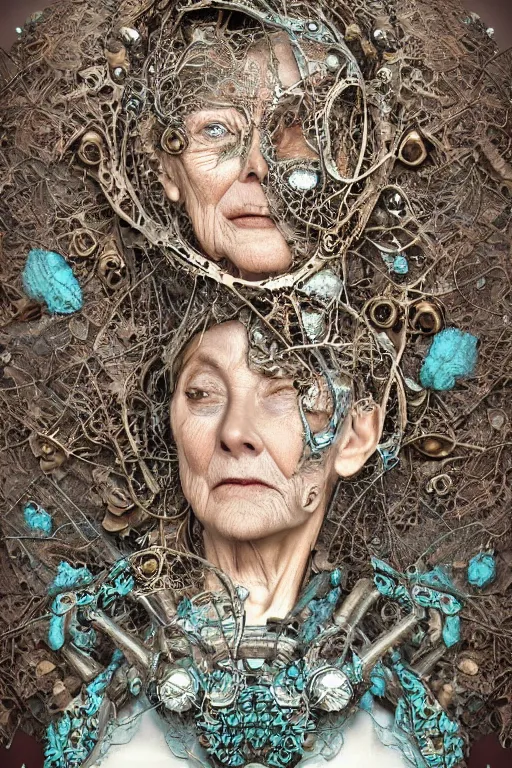 Prompt: final 3d render, ultra detailed of a beautiful stainless steel old woman face, broken. rusty biomechanical cyborg, analog, 150 mm lens, beautiful natural soft rim light, big leaves and stems, roots, fine foliage lace, turquoise gold details, Alexander Mcqueen high fashion haute couture, art nouveau fashion embroidered, intricate details, mesh wire, mandelbrot fractal, anatomical, facial muscles, cable wires, elegant, hyper realistic, in front of dark flower pattern wallpaper, ultra detailed, 8k post-production