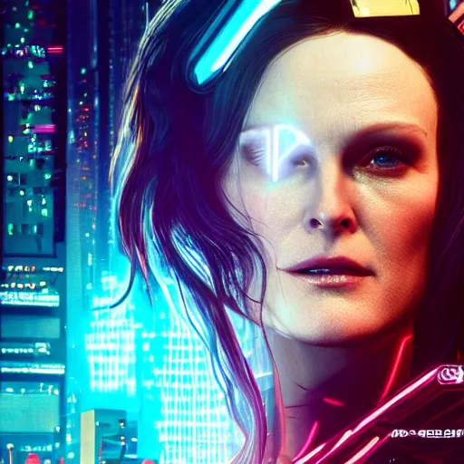 Image similar to julianne moore portrait, cyberpunk 2 0 7 7, cyberpunk judy alvarez, photorealistic, ultra detailed, neon, octane, bokeh, cinematic lighting, cyber, cyberpunk city, studio quality, feature, scars, cyberface, 8 k