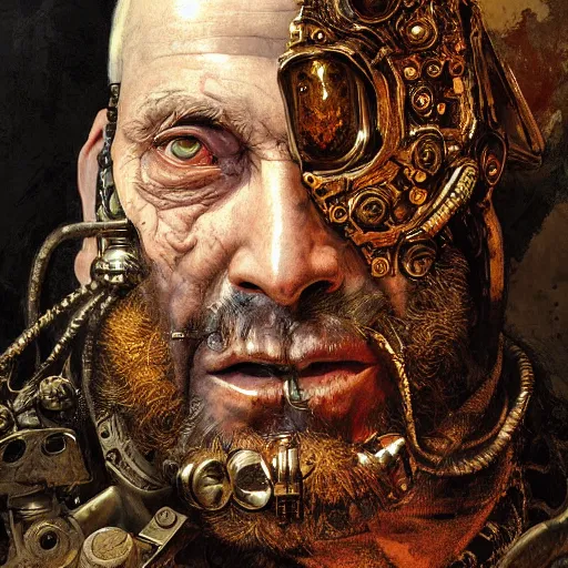 Image similar to portrait, headshot, digital painting, of a old 17th century, old cyborg merchant, amber jewels, baroque, ornate clothing, scifi, realistic, hyperdetailed, chiaroscuro, concept art, art by Franz Hals and Jon Foster