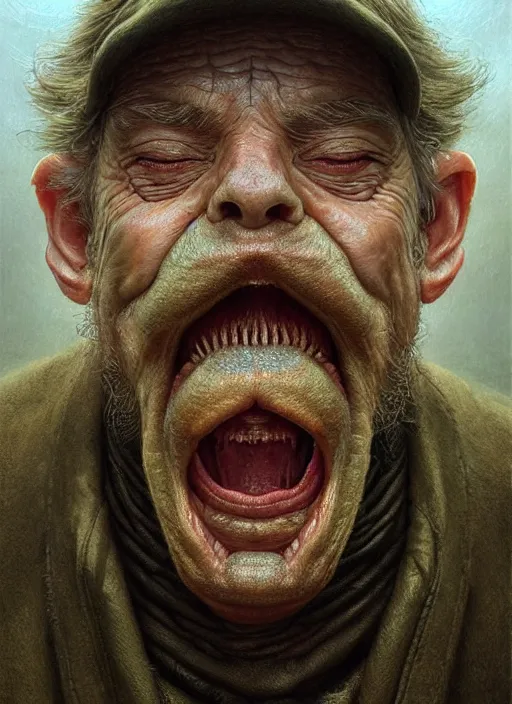 Prompt: masterpiece portrait of old man that opens his mout in a wide yawn, a frog rests on his tongue, hyper realistic face, volumetric lighting, celtic fantasy art, psychedelic, in the style of greg rutkowski, donato giancola, tom bagshaw, intricate, hyper detailed, smooth, vibrant aura