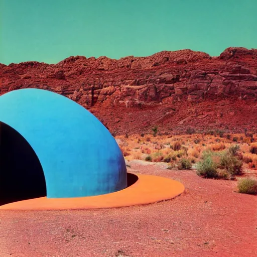 Image similar to a man in neon colored clothing standing outside a Non-Euclidean orb-like clay house sitting in the desert, vintage photo, beautiful cinematography, blue sky, film grain, James Turrell