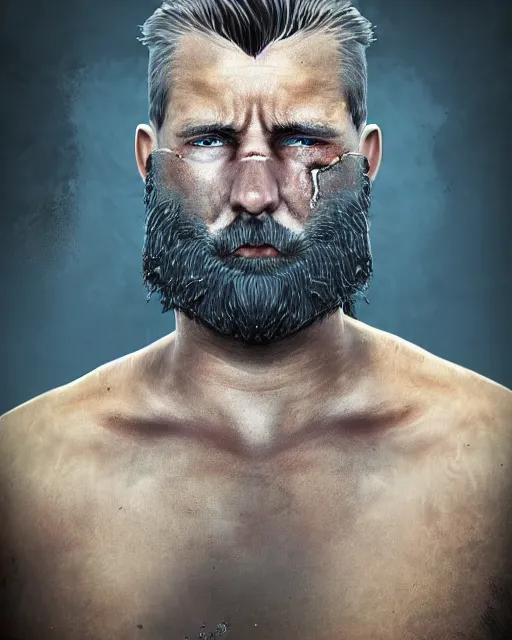 Image similar to portrait of muscular, tired and alcoholic 3 0 - year - old grieving man with short darkblonde hair, serious sad look in his eyes, looking down, dirty beard, blue eyes, crying tears, wearing dirty soldier uniform, on the desert, sad atmosphere, hyper realistic face, character art, art by mark brooks, cryengine, trending on artstation, digital art