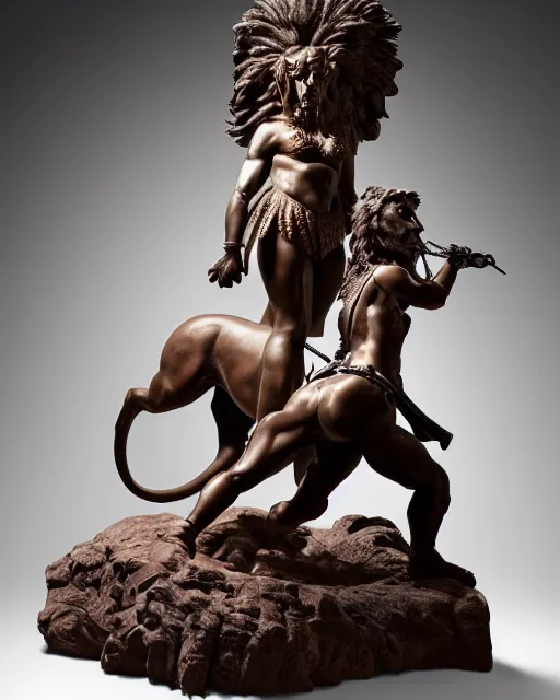 Prompt: a full figure rubber sculpture of a warrior princess and a lion, by Michelangelo, dramatic lighting, wide angle lens