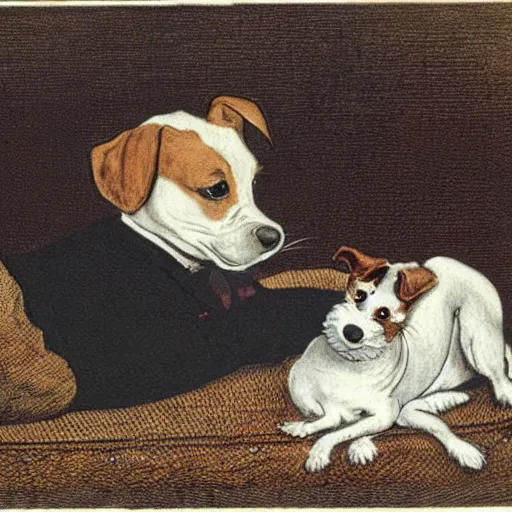 Image similar to portrait of jack russel terrier crying on the dog bed, illustrated by peggy fortnum and beatrix potter and sir john tenniel