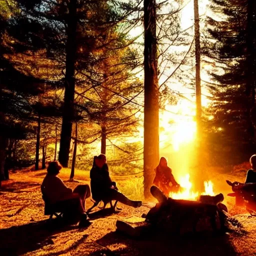 Image similar to sitting around the fire, forest, sea, highly detailed, cinematic, ray of golden sunlight