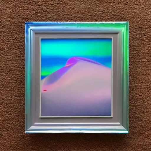 Image similar to a pastel colour high fidelity wide angle Polaroid art photo from a holiday album at a seaside with abstract inflatable rubber furniture, all objects made of transparent iridescent Perspex and metallic silver, iridescence, nostalgic