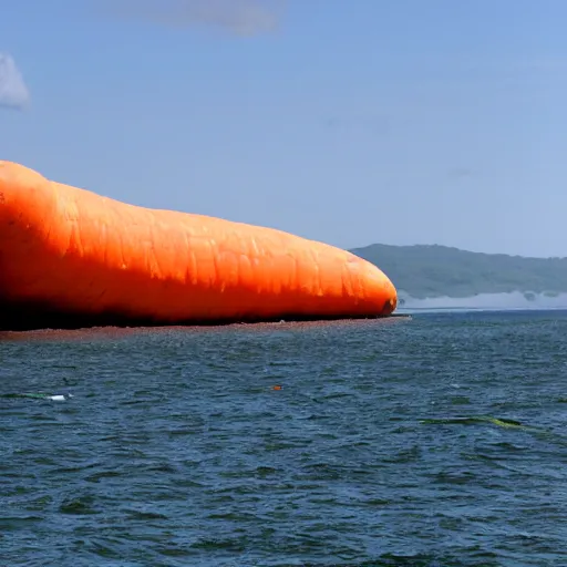 Prompt: giant carrot shaped ship with windows crossing the Panama channel