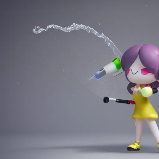 Image similar to cute fumo plush of a girl with a water gun spraying the camera, vray, water war, black and white