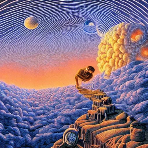 Prompt: psychdelic dreamworld in the clouds, surrealist and abstract digital art trending on artstation by artist Rob Gonsalves and Mark Riddick. n-9