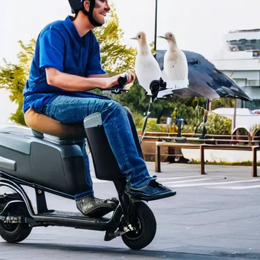 Image similar to Seagull perched on the head of a man riding an electric scooter