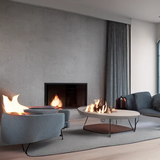 Image similar to two armchairs sitting in front of a cosy fireplace, modern home design interior, octane render, hyperrealistic, concrete archetecture, vray, volumetric lighting, cinema 4 d, unreal engine