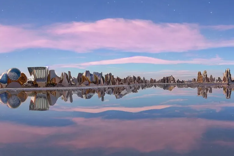 Image similar to Modern town with luxurious streets and Singaporean lush garden with royal white and pink and white and luxurious gold colors, advanced civilization, high-end statue, at the Salar De Uyuni, Hexagonal formations on the surface of salt crystallization, combined between sedimentary deposits, bubbling geysers, interstellar night reflection of the sky, intricate, elegant, luxurious, digital painting, concept art, smooth, sharp focus, from Star Trek 2021, illustration, by WLOP and Ruan Jia and Mandy Jurgens and William-Adolphe Bouguereau, Artgerm