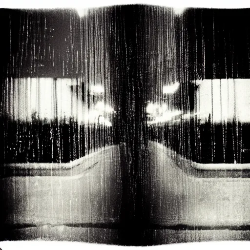 Prompt: pinhole photo of a night, silhouettes, threes, rain, reflection, double exposure, high contrast