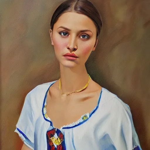 Prompt: hyperrealism oil painting, portrait of ukrainian model in traditional vyshyvanka shirt