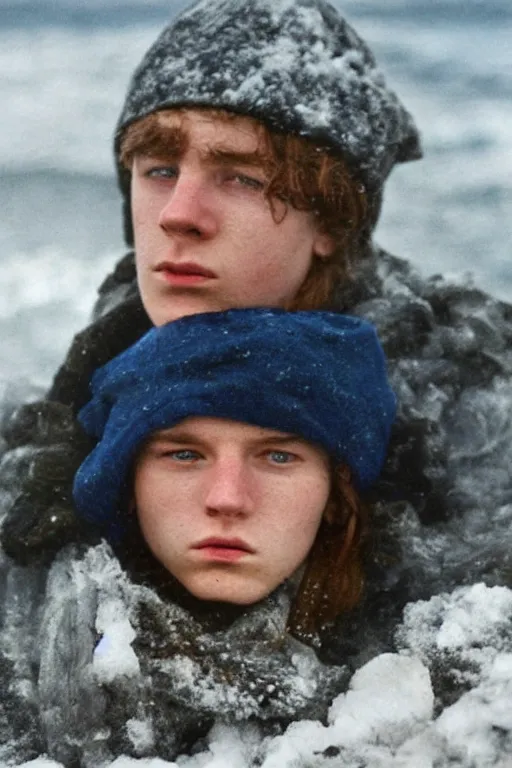 Image similar to super close up portrait of a frowning young irish adolscent 1 8 years old irish man in the cold cold sea at winter, by annie leibowitz, 1 9 9 8,