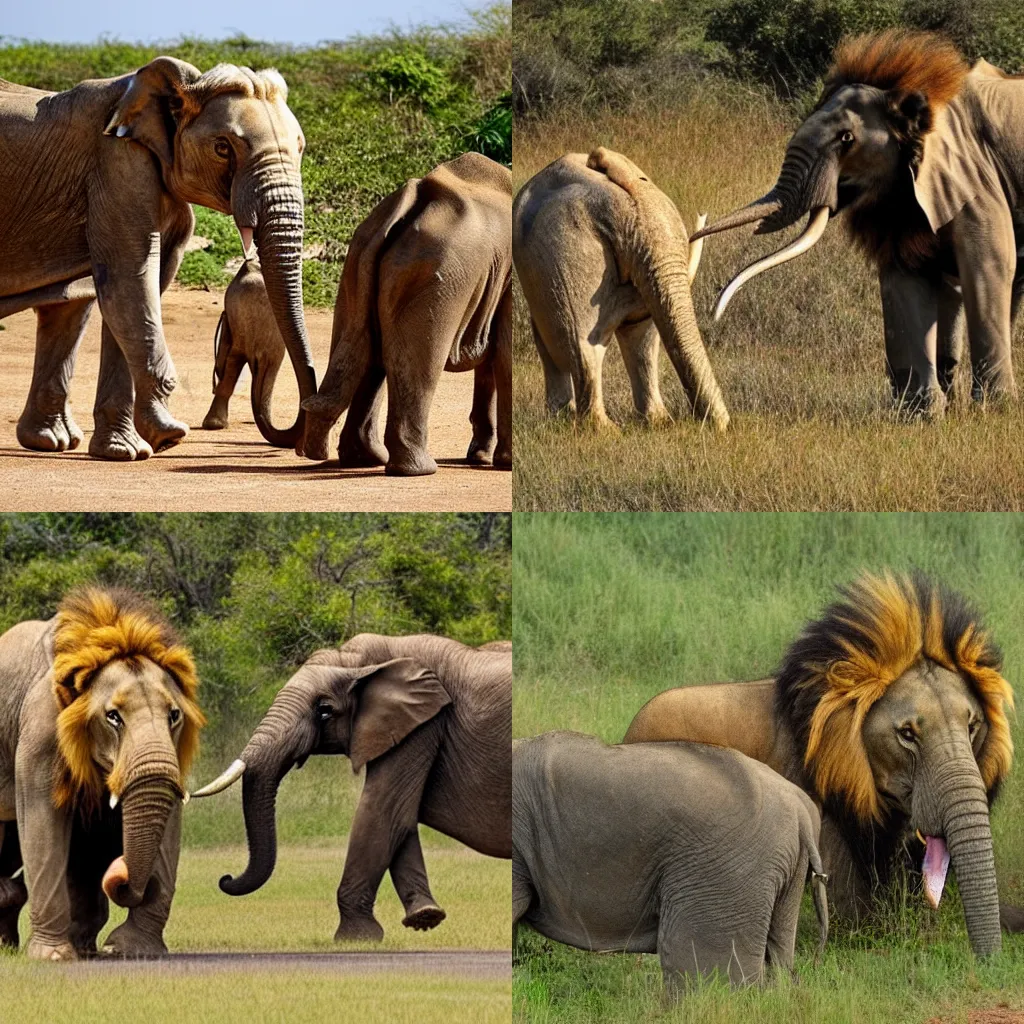 Prompt: a lion faces an elephant in the middle of africa