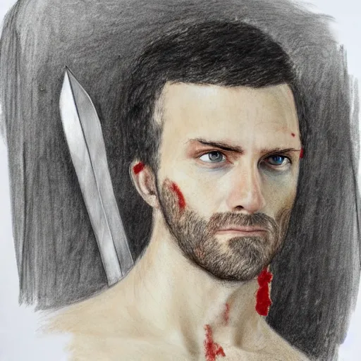 Image similar to self portrait, handsome man with battle scar on his chest holding his sword on his shoulder, pencil art, detailed, handsome, colored, bloody