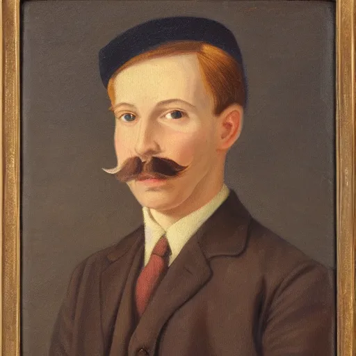 Image similar to portrait of a british man in a flat hat, a small mustache, and a nice brown suit, oil painting