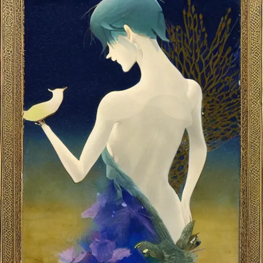 Image similar to meticulous, delicate niello inlay by john anster fitzgerald, by makoto shinkai. mixed media art. a woman is shown from behind, her body slightly blurred as if in motion. her long hair cascades down her back, & she is holding a small bird in her hand.