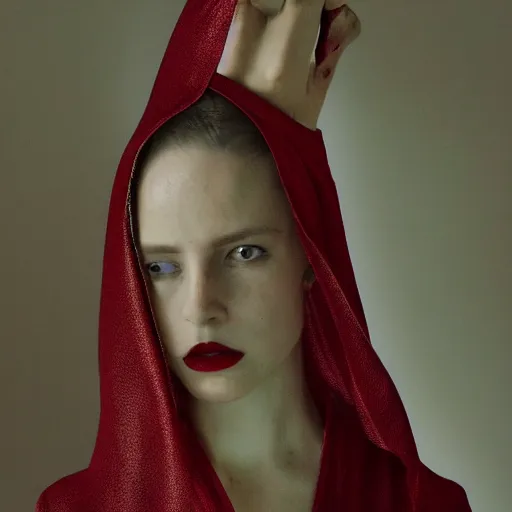 Image similar to Fashion photography of a woman wearing a futuristic outfit inspired by The Handmaid’s Tale (2017), intricate, artistic photography, cinematic lighting, insanely detailed, cinestill 800t, Vogue magazine