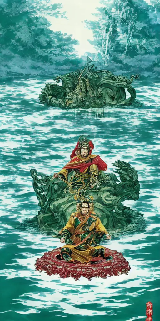 Prompt: a lone emperor sitting on a emerald throne floating on water in the middle of a lake drawn by Makoto Yukimura in the style of Vinland saga anime, full color, detailed, psychedelic, Authority, structure, a father figure