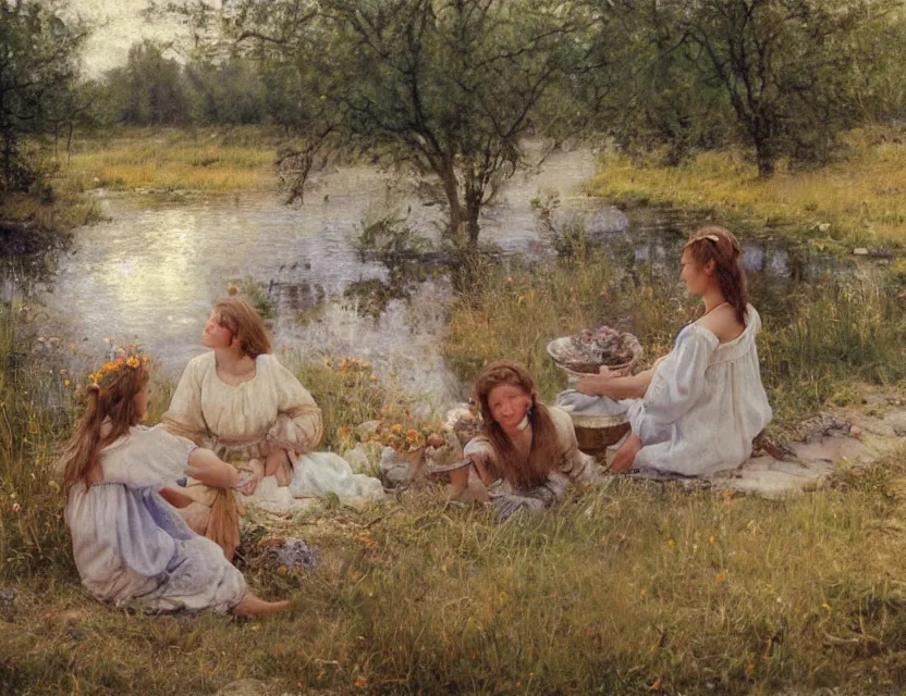 Prompt: peasant girls on a shore of river ivana kupala, midsommar, cottage core, cinematic focus, polaroid photo bleached vintage pastel colors high - key lighting, soft lights, foggy, by steve hanks, by lisa yuskavage, by serov valentin, by tarkovsky, 8 k render, detailed, oil on canvas