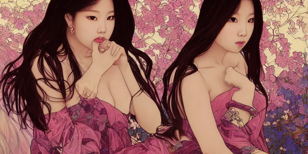 Image similar to a portrait of a very seductive Jennie Kim Blackpink, in the style of WLOP and Alphonse Mucha and Ross Tran, realistic, seductive, closeup, facing the camera, dramatic lighting