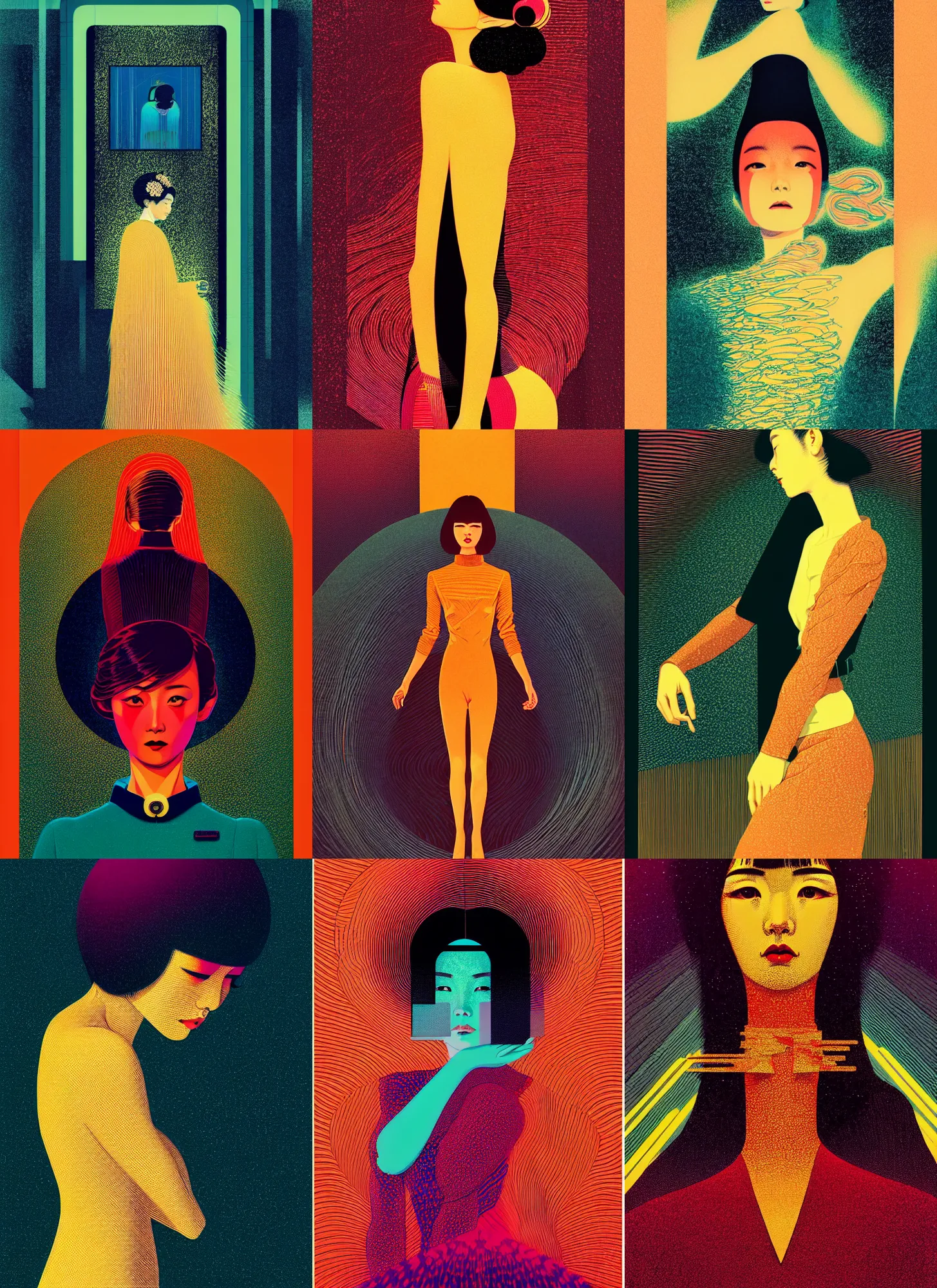 Prompt: ( ( dither ) ), editorial illustration portrait of kotoko sasaki posing, dynamic pose, modern art deco, colorful, ( ( mads berg ) ), christopher balaskas, victo ngai, rich grainy texture, detailed, dynamic composition, wide angle, moebius, matte print, wood block print, gustav klimt