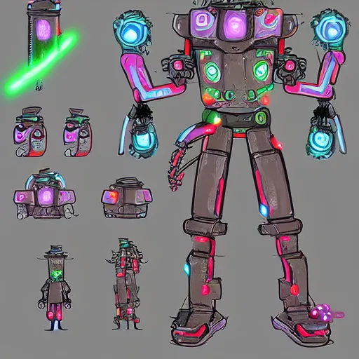 Prompt: concept art of a cyberpunk pirate robot that is overgrown by neon mushrooms, digital art, concept art, character sheet, character design