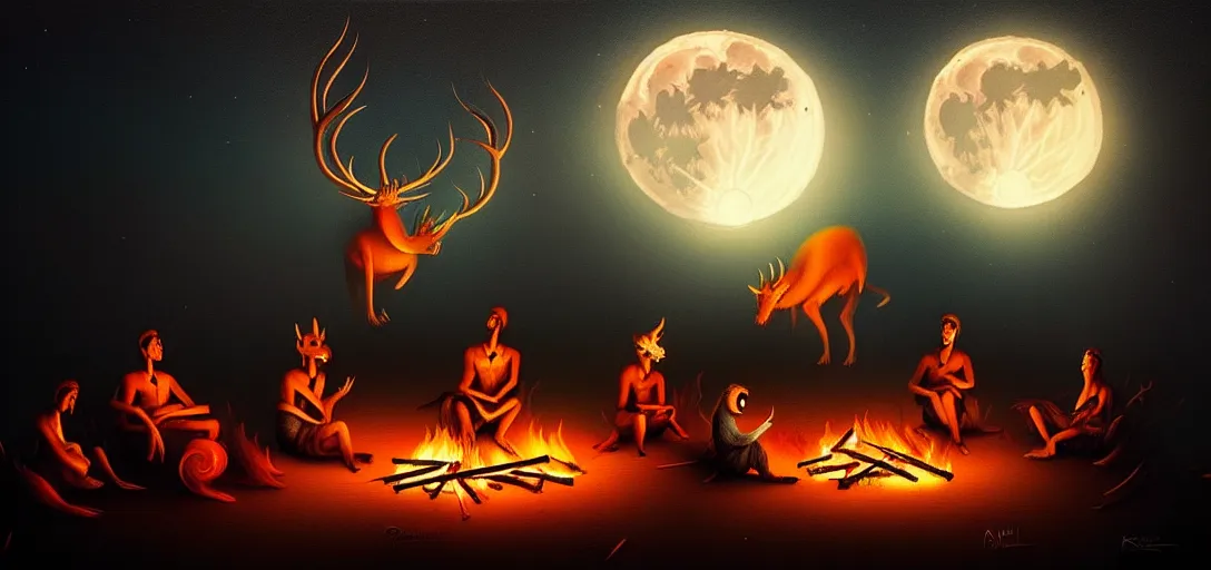 Image similar to strange mythical beasts of sitting around a fire under a full moon, surreal dark uncanny painting by ronny khalil