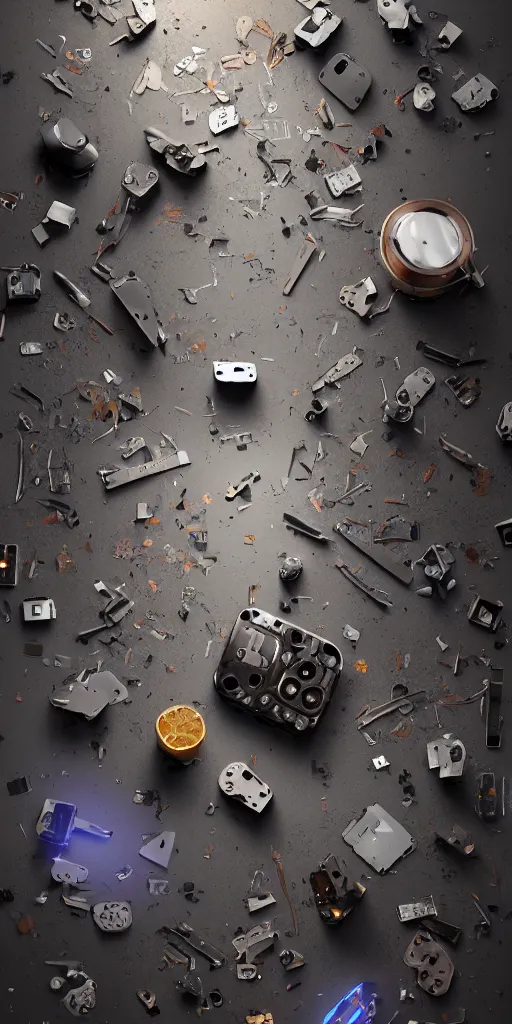 Image similar to A beautiful hyper realistic ultra detailed lifelike cinematic still of broken iphone, knolling, unreal engine, deviantart, flickr, artstation, octane render, textured, colorful, extreme realistic detail, physically based rendering, pbr render, very detailed, volumetric lighting, detailed lighting, octane render, 4k, cinematic lighting, 8k resolution