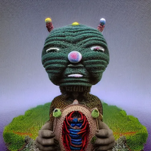 Prompt: symmetry!, wide angle dynamic portrait of a chibbi dogon priest in a zen cemetary, macrophotography, felt texture, amigurumi by mark ryden and todd schorr and mark davis and zdislaw beksinski in a surreal lowbrow style, digital paint, matte paint, vivid synthwave colors, breathtaking landscape