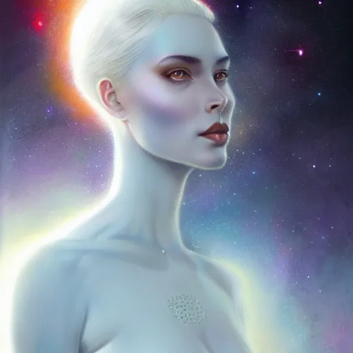 Image similar to a beautiful portrait of a galaxy goddess by Jim Burns and Tom Bagshaw, Trending on Artstation, nebula background