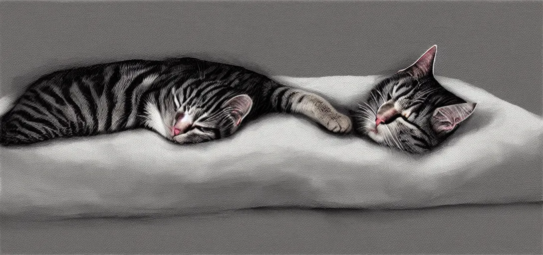 Image similar to cat sleeping in bed, digital art