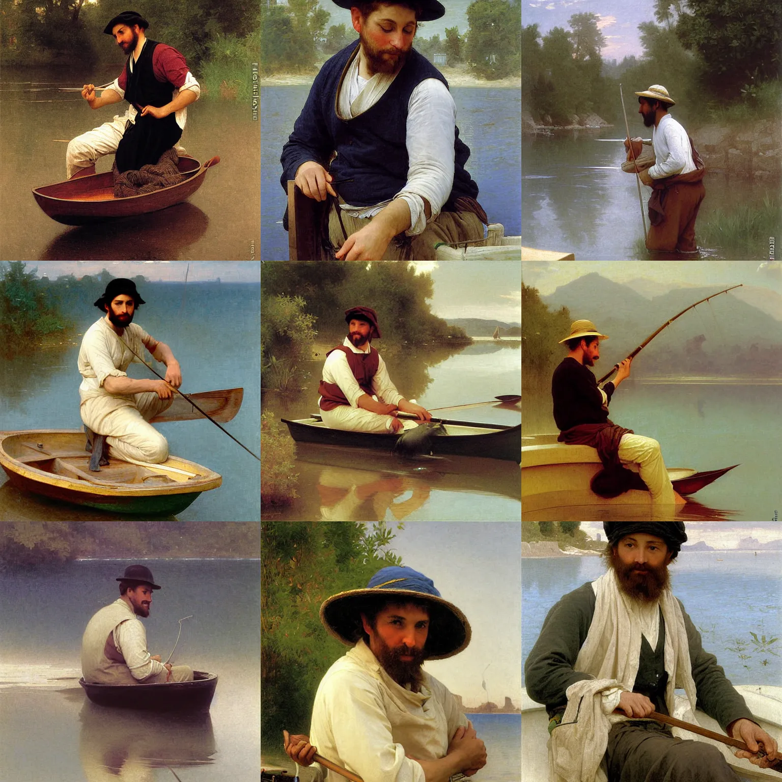 Prompt: painting character of fisherman on a small boat by bouguereau