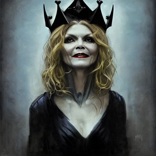 Image similar to portrait of Michelle Pfeiffer as evil vampire queen shoeing her sharp teeth wearing a dark crown by Tom Bagshaw and Guy Denning, rim light