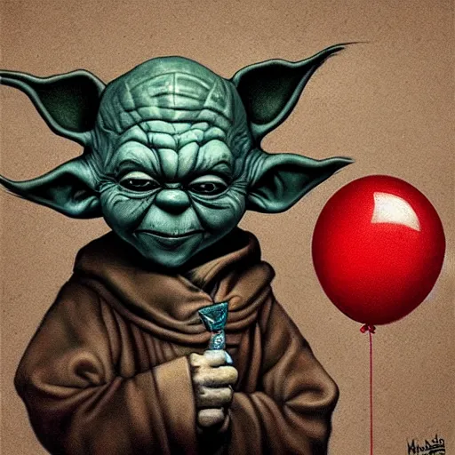 Image similar to surrealism grunge cartoon portrait sketch of yoda with a wide smile and a red balloon by - michael karcz, loony toons style, pennywise style, horror theme, detailed, elegant, intricate