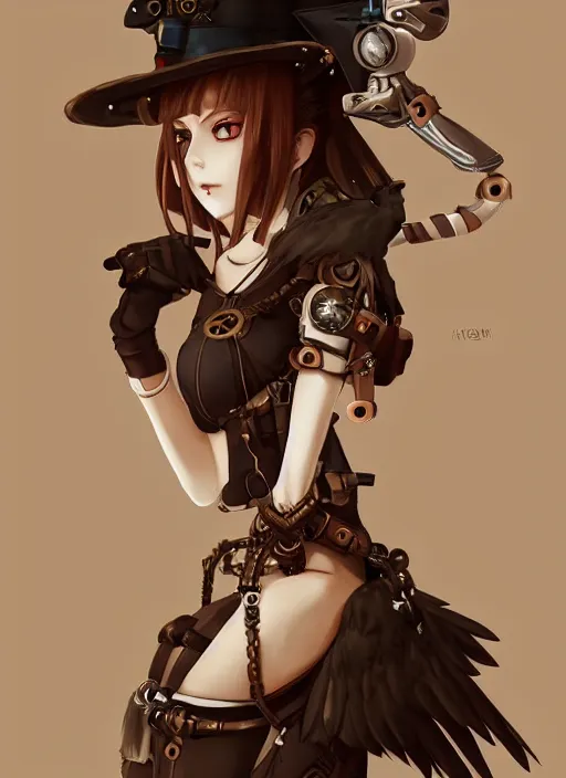 Image similar to steampunk themed anime girl with a steampunk robotic crow on her shoulder, finely detailed, portrait, beautiful, cinematic lighting, made by wlop, artgerm, illustration