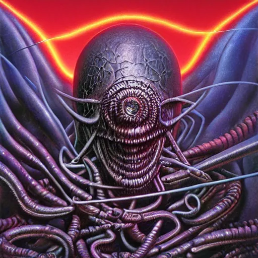 Image similar to NWOBHM metal album cover in the style of wayne barlowe and kenny scharf and mark arian, realistic, insanely detailed, soft, smooth, airbrush, play-doh, wet, slimy