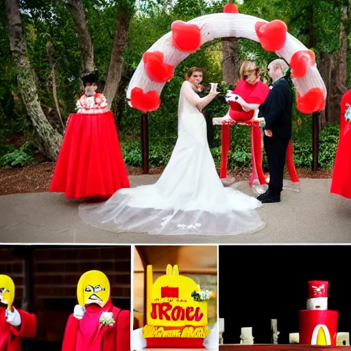 Image similar to mcdonald's themed wedding featuring grimace as the best man and ronald mcdonald as the officiant.