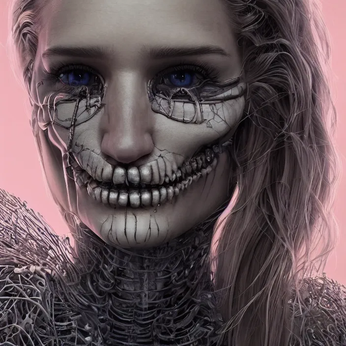 Prompt: portrait of rosie huntington-whiteley as a skeleton. intricate abstract. intricate artwork. nightmare fuel. by Tooth Wu, wlop, beeple, dan mumford. octane render, trending on artstation, greg rutkowski very coherent symmetrical artwork. cinematic, hyper realism, high detail, octane render, 8k, iridescent accents