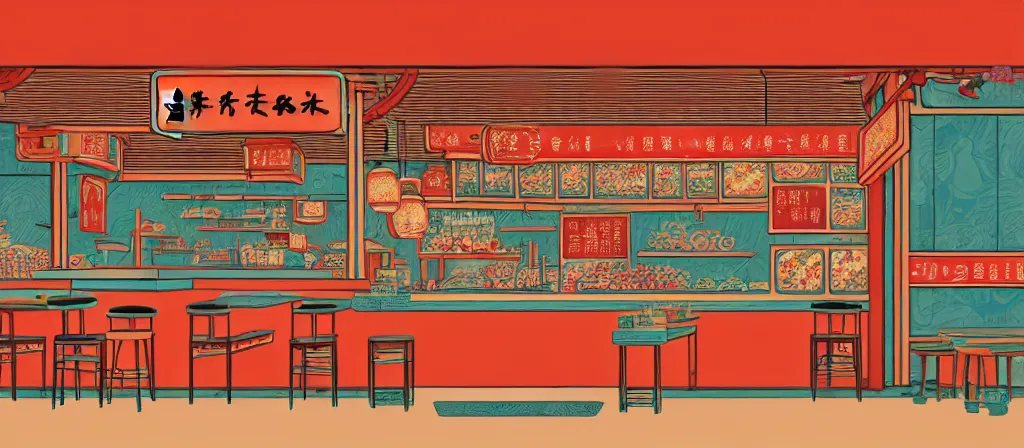 Prompt: a beautiful simple 4 k hd wallpaper illustration of interior view display of the corner of roasted string hotpot shop, simple style, from china, with merchant logo, simple structure, surrealistic, chinese style, victo ngai, james jean, denoise, deblurring