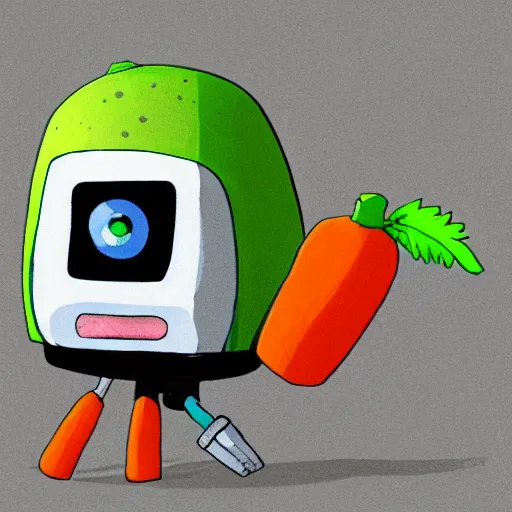 Prompt: cute little robot with big avocado hat and a carrot sword, made in abyss style
