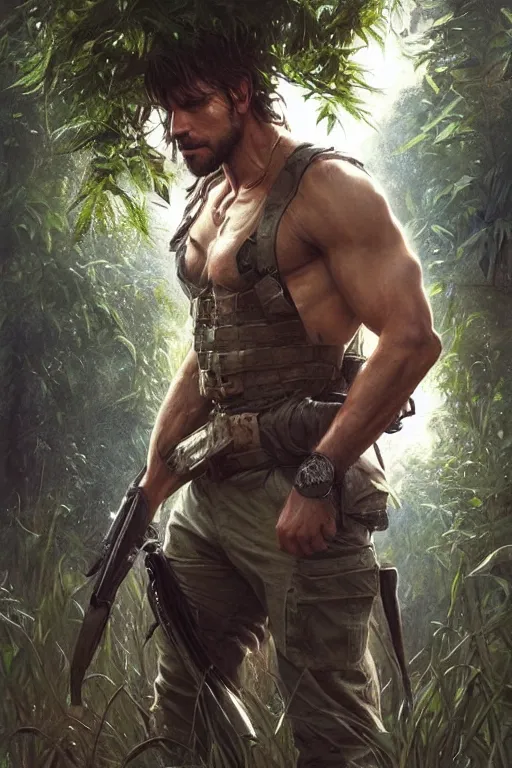 Image similar to handsome man as Rambo, wavy hairstyle, masculine figure, highly detailed, in a magical lush field of overgrown plants, digital painting, artstation, concept art, smooth, sharp focus, illustration, cinematic lighting, art by artgerm and greg rutkowski and alphonse mucha