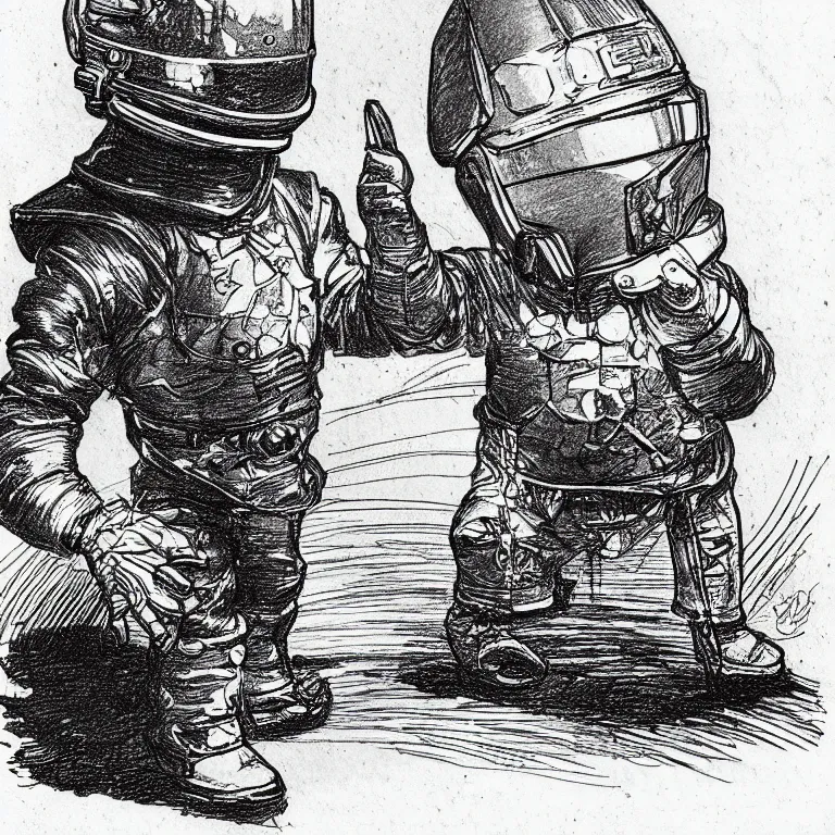 Prompt: sketch of a cute chibi dnd daft punk gnome inventor tinkerer wearing a helmet, walking cautiously, etching by louis le breton, moebius 1 8 6 9, 1 2 0 0 dpi scan