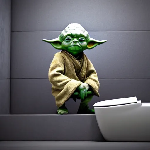 Image similar to yoda sitting on a toilet, octane render