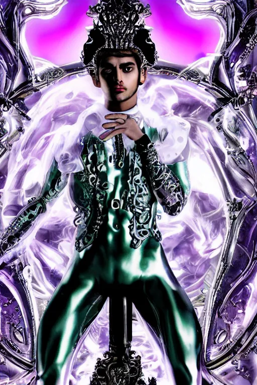 Image similar to full-body rococo and cyberpunk style neon statue of a muscular attractive Zayn Malik macho dotado e rico android sim roupa reclining con las piernas abertas e la piroca dura, glowing white lasers, glowing eyes, silver prince crown, silver steampunk gears, white diamonds, swirling mint-colored silk fabric. futuristic elements. black dripping tar. full-length view. space robots. human skulls. intricate artwork by caravaggio. Trending on artstation, octane render, cinematic lighting from the right, hyper realism, octane render, 8k, depth of field, 3D