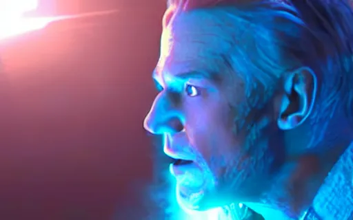 Image similar to still frame from blockbuster movie showcasing groundbreaking cgi a character made of blue cherenkov radiation
